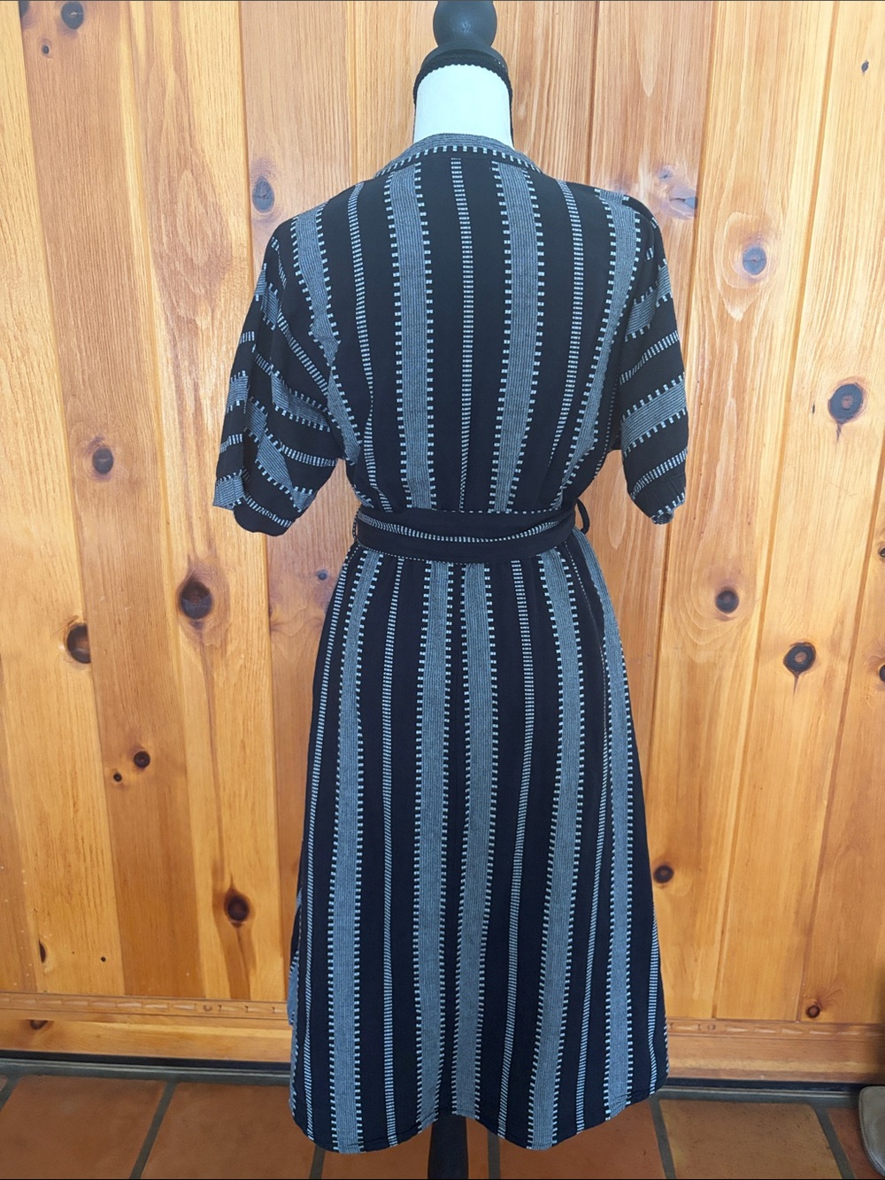 Lush Black Gray Striped Cotton Midi Dress Tie Waist Size Small - Picture 3 of 8